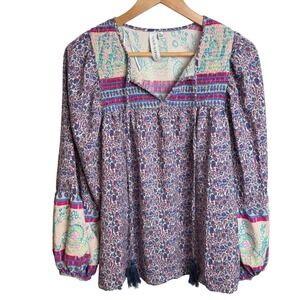 Grace+Karma Floral Boho Top Tassel Peasant L Romantic Cottagecore Festival Soft